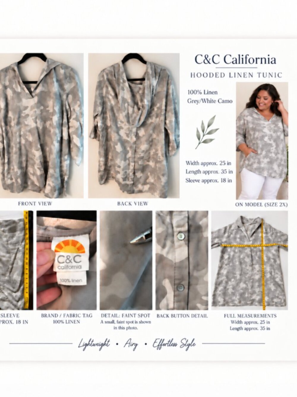 C&C California 100% Linen Hooded Camo Tunic Top Grey White 2X